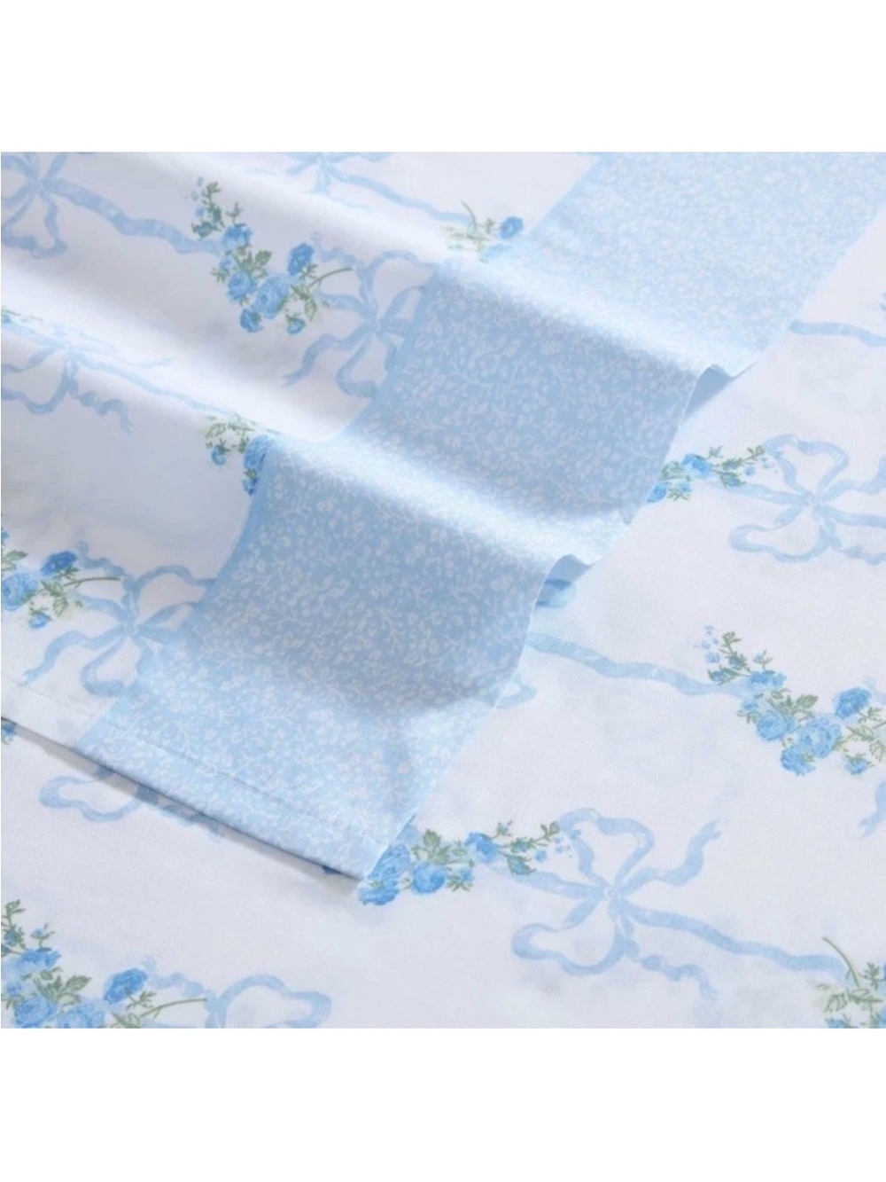 Laura Ashley Floral Ribbon Blue Queen 4 Pc Deep Pocket Sheet Set Cotton NWT